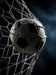 Naklejka premium Soccer ball scores goal in net. Classic black and white football in goal mesh, dark background, triumph moment. Victory in game, ball stopped by net, final score.