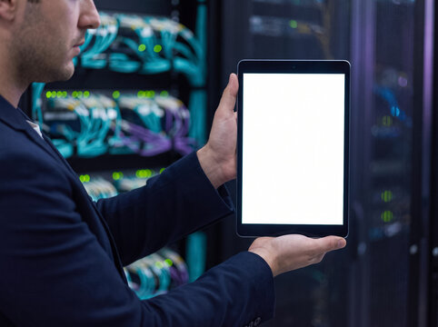 man in a server room holds a tablet with a blank white mockup screen against equipment and network cables