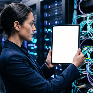 female specialist holds a tablet with a blank white mockup screen in a server room next to an equipment rack