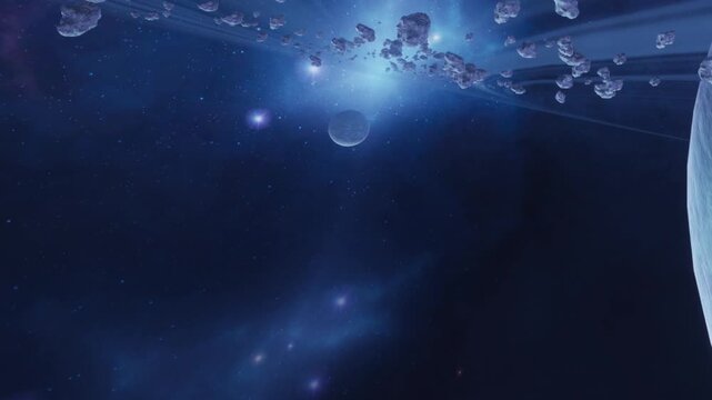A view of a distant galaxy shows many stars and asteroids. Bright light shines from the background. The scene captures the vastness of space and celestial objects.