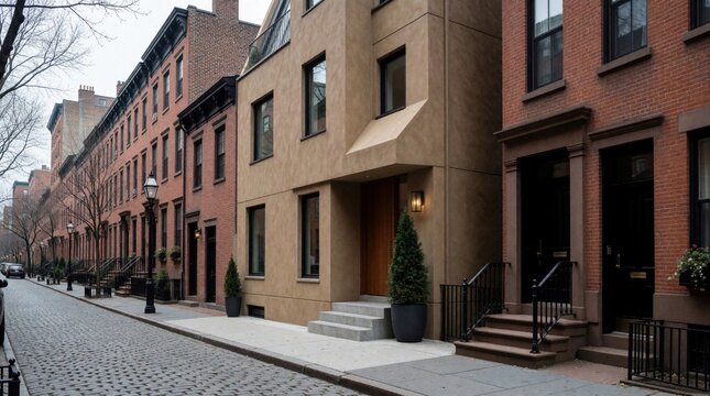 Modern narrow townhouse with unique architecture stands on busy urban street. Luxury multistory residential building features contemporary design, tan facade. Classic red brick row houses line