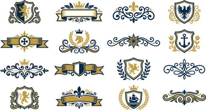 Heraldic shield crests and decorative royal banners in gold and deep blue color scheme.