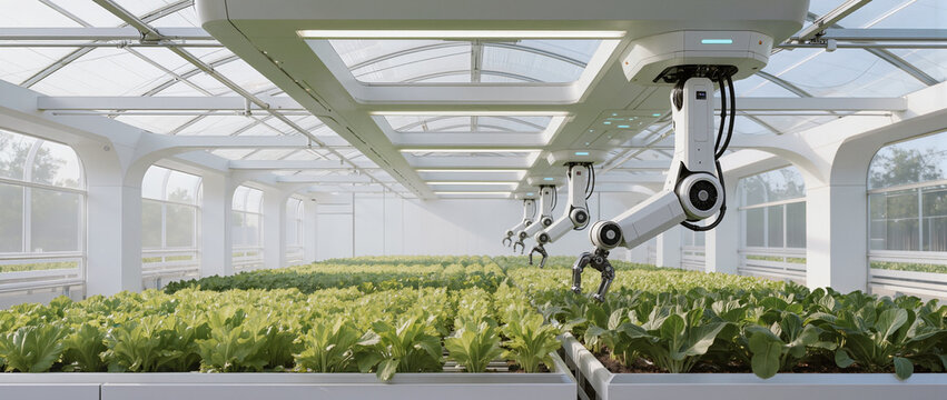 Robotic arms automate greenhouse crop production, representing smart farming, precision agriculture, technology, efficiency, and future food production.
