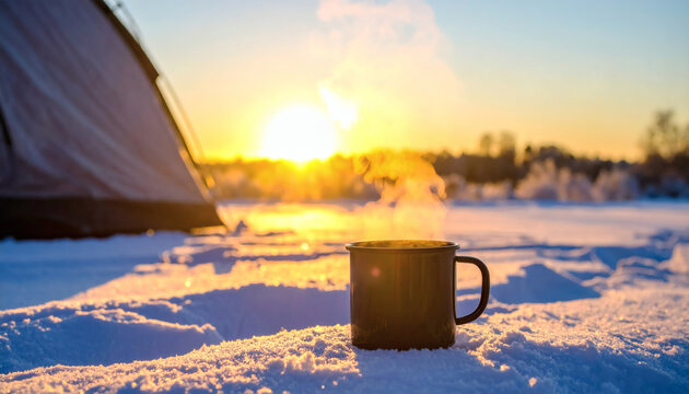 Steaming metal cup of hot coffee standing on fresh white snow near a camping tent during a bright golden sunrise