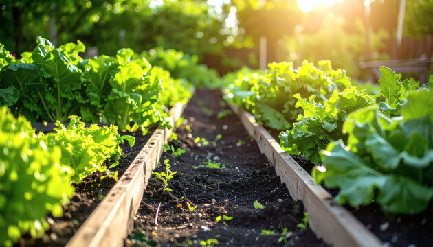 Lettuce plants growing in a wooden garden bed with rich soil during a bright sunny afternoon with warm natural lighting