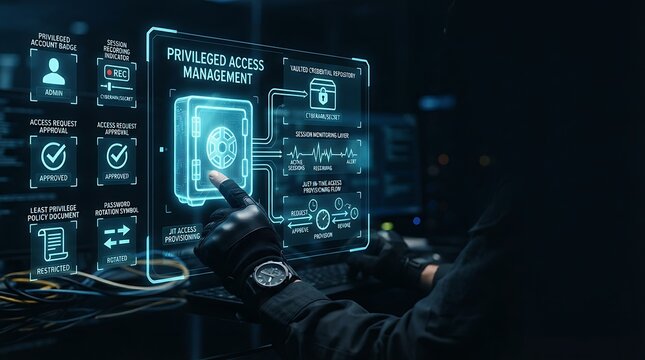 IT security administrator interacting with holographic privileged access management credential vault interface for enterprise identity security and digital just-in-time access provisioning management 