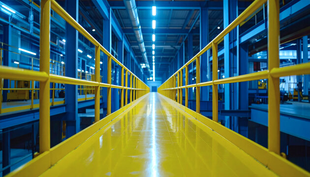 Industrial walkway bridge with bright yellow safety railings inside a modern manufacturing factory facility with blue ambient lighting perspective