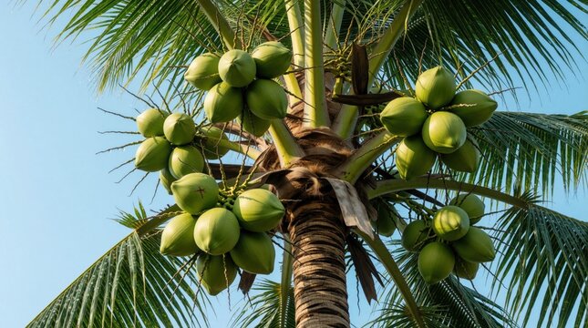 Mature coconut palm tree heavily laden with unripe green coconuts hangs against clear blue sky. Clusters of tropical fruit grow on branches, showing bountiful harvest potential.