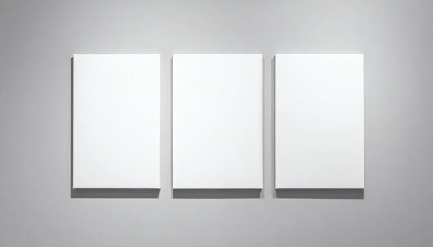 Three blank white canvas frames hanging on a clean gray wall providing a minimalist space for your custom artistic designs