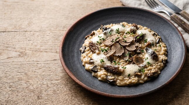Gourmet mushroom risotto with shaved black truffles and morels on a dark ceramic plate on a wooden table.