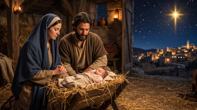 Holy family with Mary and Joseph watching baby Jesus in manger on starry night in ancient Bethlehem