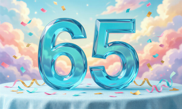 Large blue 65 numbers on a table with confetti and ribbons on a pastel cloudy background celebrating a 65th birthday.