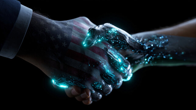A handshake between a human hand and a robotic hand with an American flag design.