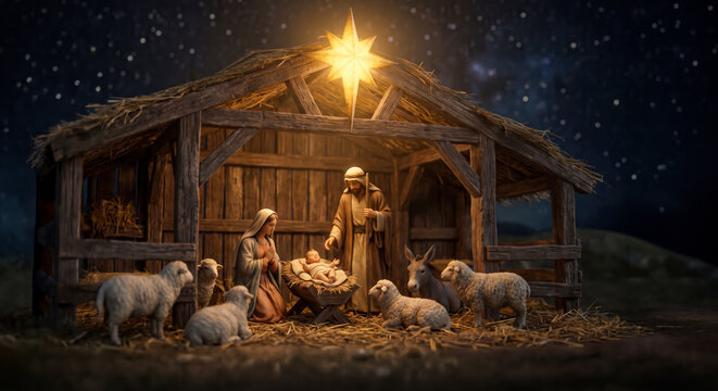 A nativity scene shows Mary and Joseph watching over baby Jesus in a stable. Sheep surround them. A bright star shines above on a clear night