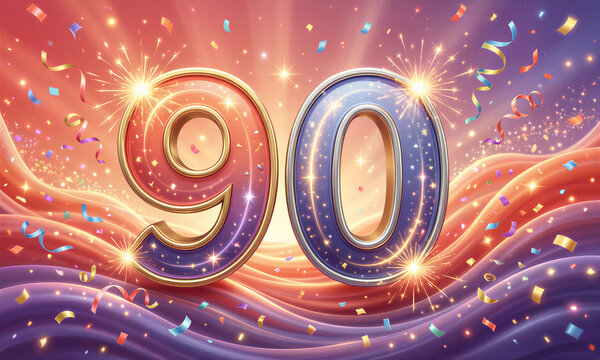Vibrant 90th birthday celebration with large gold and purple numbers, confetti, and sparklers on a colorful background.