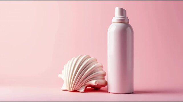 A bottle of lotion sits next to a seashell on a bright pink background, perfect for a beach-themed decor or gift