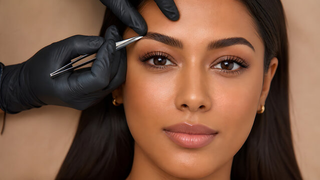 Technician uses tweezers to shape eyebrow hair carefully during professional grooming and beauty salon treatment session