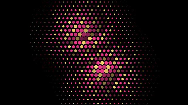 Pink and gold geometric halftone pattern animation, abstract pulsing pentagons background