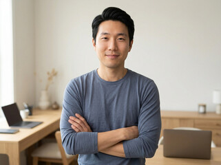 Obraz premium Confident Asian male entrepreneur standing in a modern office