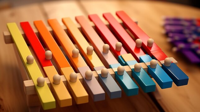 A photo of a xylophone with colorful wooden keys: