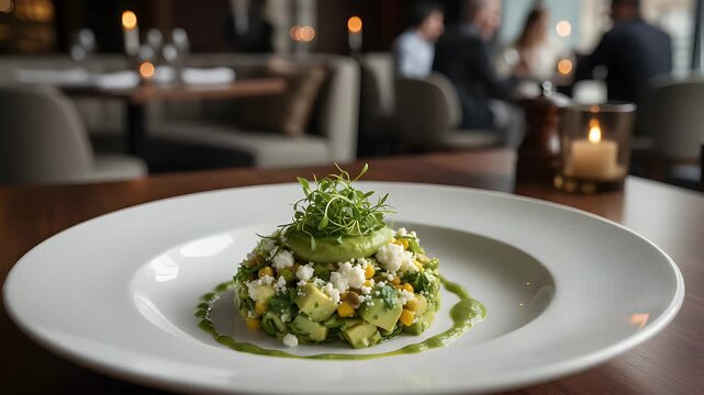 Exquisite gourmet appetizer presenting a vibrant medley of fresh diced avocado, sweet corn, and crumbled cheese, elegantly garnished with microgreens and a savory green sauce.