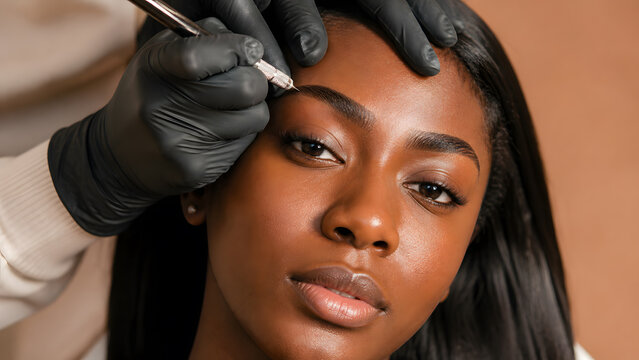 Beautician applies pigment pen for eyebrow microblading treatment on young woman face in salon studio
