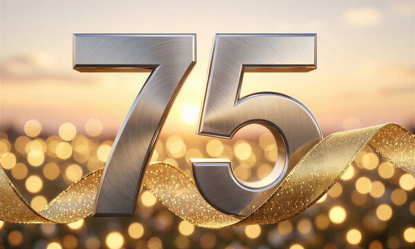 Large silver 75 number with gold ribbons on bokeh background celebrating a birthday.
