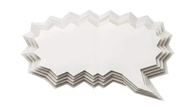 White layered jagged paper speech bubble cutout isolated on a white background with jagged edge dialogue box message balloon text space