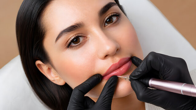 Beautician applies permanent lip tattoo pigment using professional machine during cosmetic beauty salon procedure on woman face