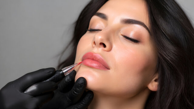 Beautician applies pigment to woman closed lip using fine tattoo needle during permanent makeup salon procedure