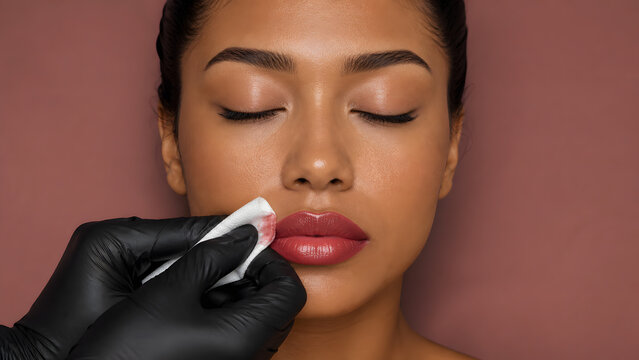 Beautician wipes excess pigment from woman lip using tissue after permanent makeup tattoo treatment in salon