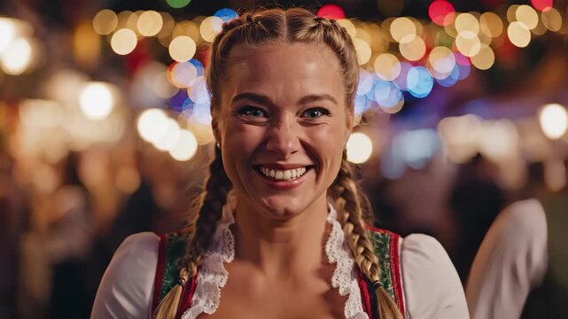 Close-up of a young woman in a traditional Dirndl reacting with surprise. Blonde female with braids smiling and laughing at a lively Oktoberfest festival. Colorful bokeh lights