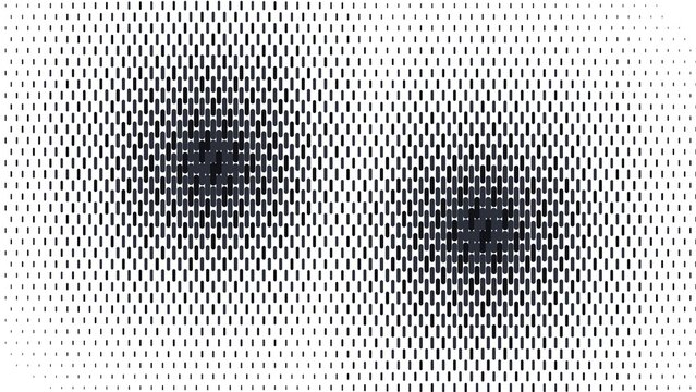Black vertical line segment halftone pattern on a white background, abstract texture with two circular focal points of varying line density