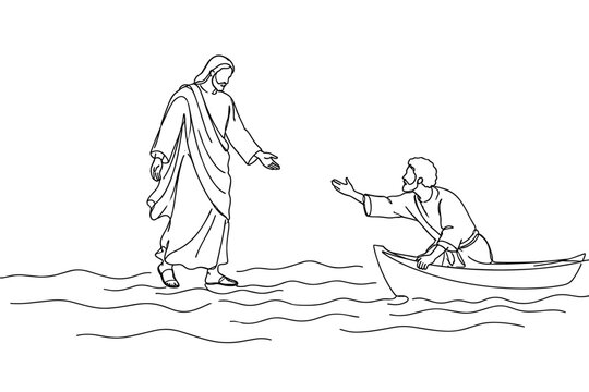 Jesus walks on water to save Peter, biblical scene in black and white line art. Outline drawing of Christ on the waves offering his hand to a disciple in a boat. Bible story miracle illustration.