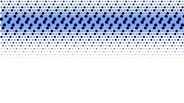 Blue and dark blue circular dot halftone pattern on a white background, horizontal band of varying dot sizes for a clean geometric backdrop