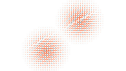 Abstract halftone pattern with orange and light blue crescent shapes arranged in two circular clusters against a solid black background © Sultan