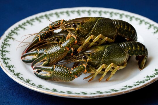 Two fresh green crayfish rest on a white decorative plate. These live crustaceans display prominent claws and antennae. They are prepared for a meal on a dark blue surface. The shot uses a macro lens.