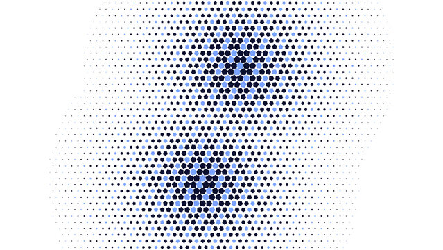 Abstract halftone pattern with light blue pentagon shapes arranged in a diagonal grid against a solid black background texture