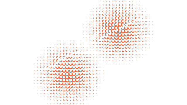 Abstract halftone pattern with orange and light blue crescent shapes arranged in two circular clusters against a solid black background