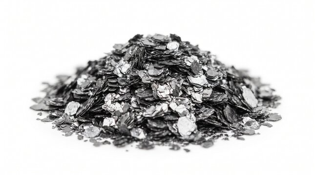 A realistic collection of graphite materials featuring natural graphite ore, graphite-bearing rocks, crushed fragments, graphite flakes, concentrate, fine powder, granules, pellets, blocks, and rods. 
