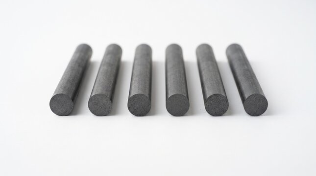 A realistic collection of graphite materials featuring natural graphite ore, graphite-bearing rocks, crushed fragments, graphite flakes, concentrate, fine powder, granules, pellets, blocks, and rods. 