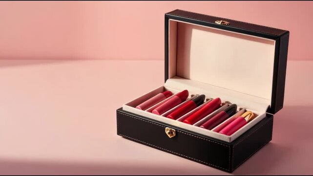 A black box with lipstick on a pink surface, a compact and straightforward description