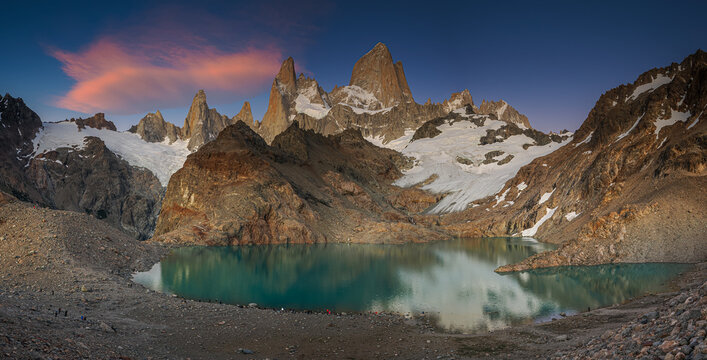 Mount Fitz Roy and Laguna de los Tres at sunrise huge panorama 100mpx