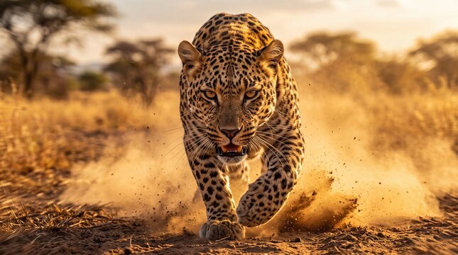 Leopard Running Forward in Dusty African Savanna