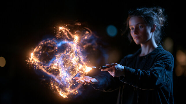 Young Woman Casting Magic Glowing Energy Spell at Night