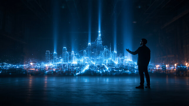 Businessman Looking at Futuristic Smart City Hologram