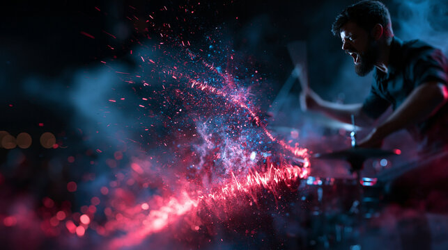 Energetic Drummer Playing Drums with Glowing Sound Wave Effects