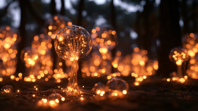Glowing Glass Tree Sculpture Illuminated in Dark Forest