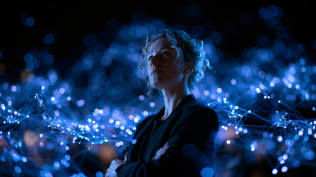 Businesswoman Surrounded by Glowing Digital Network and AI Data