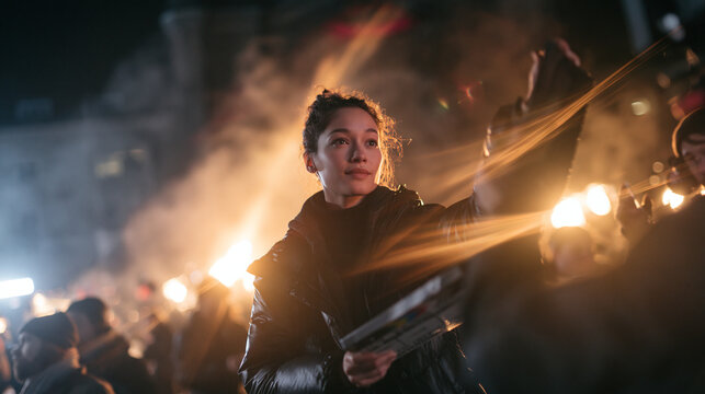 Young Woman Participating in Night Protest with Torches